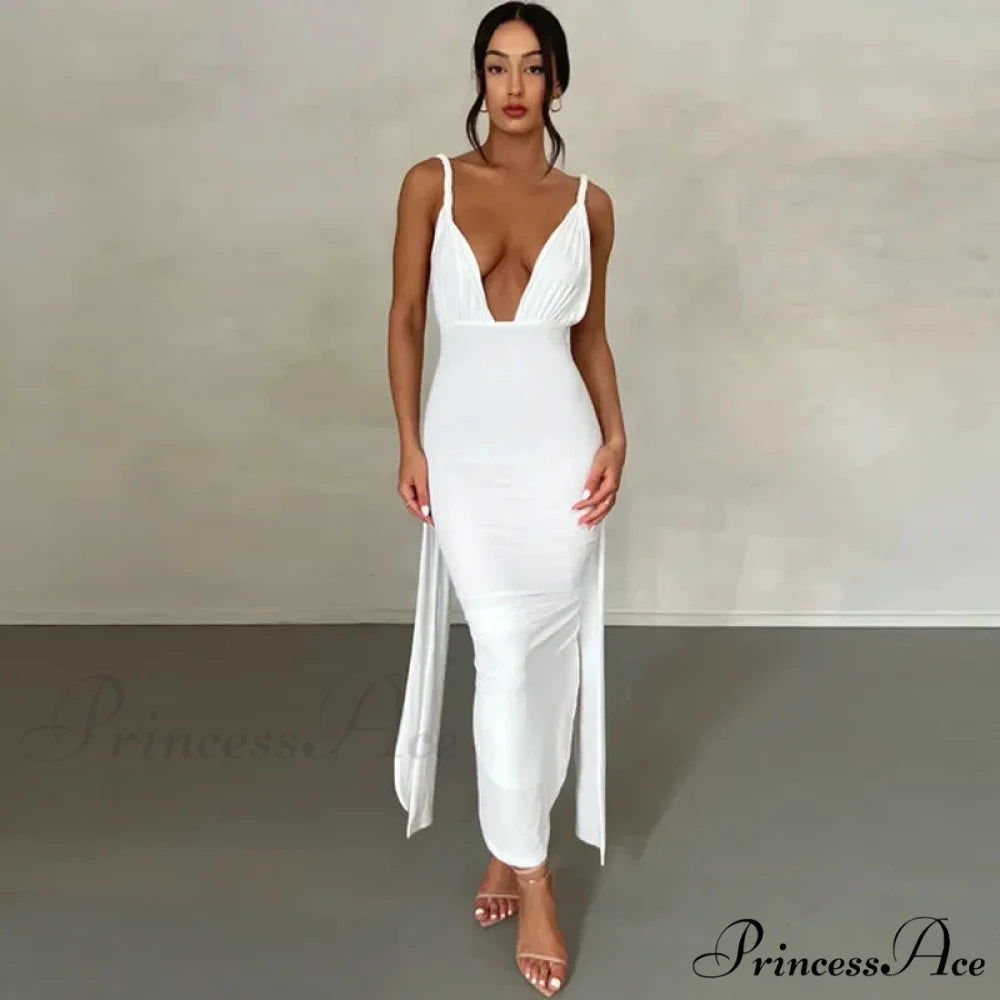 Sexy Plunge Deep V Neck Summer Club Party Sleeveless Ruched Slit Midi Dress WHITE / S