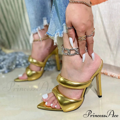 Sexy Pointed Toe Gold High Heels Women Slippers PU Leather Summer Party Banquet Shoes Sandalias De Mujer Golden / 35