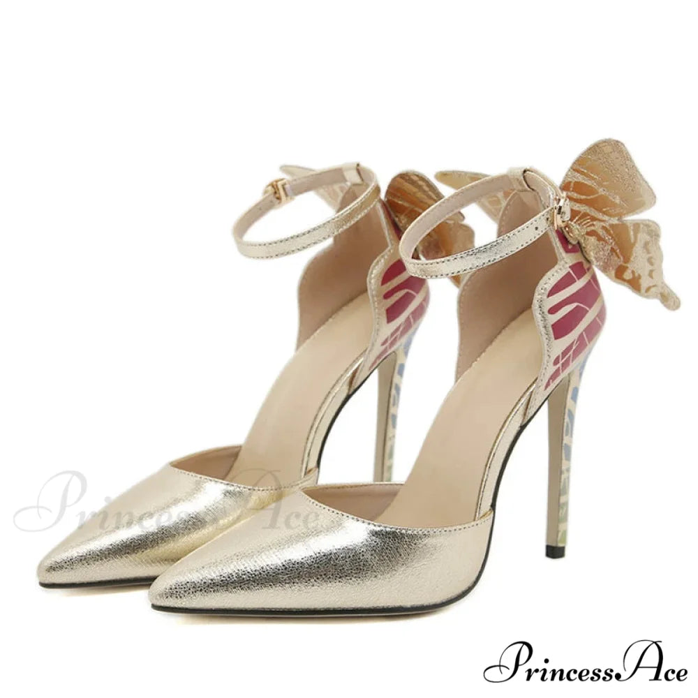 Sexy Pointed-Toe Slingback Pumps Butterfly Designer Stiletto WeddingFashion High Heel Golden / 35