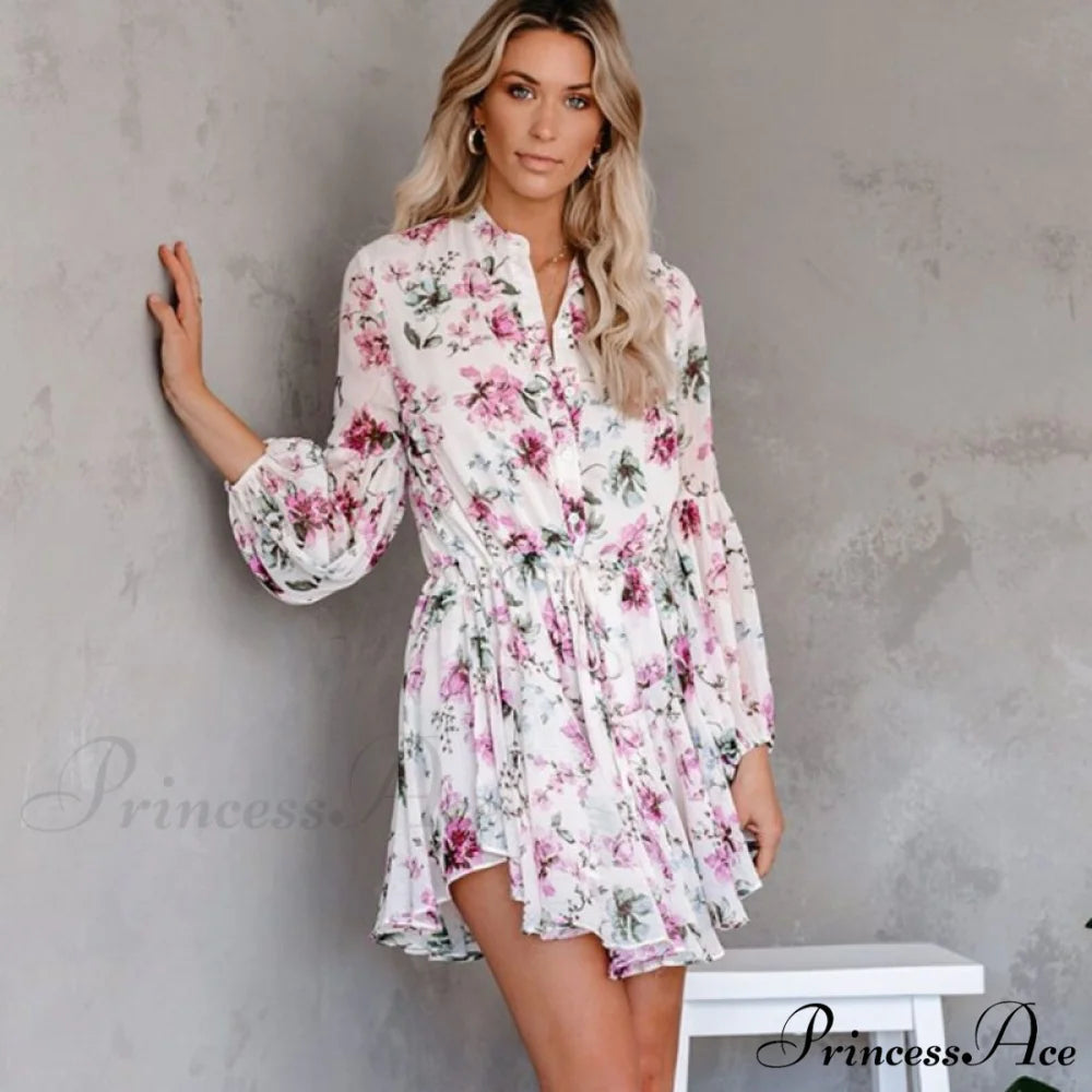 Sexy Printed Neck Tie Button Long Sleeve High Waist Dress White 2 / S