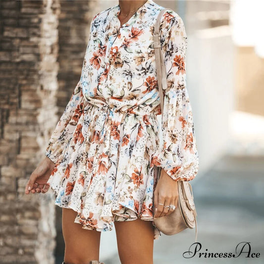 Sexy Printed Neck Tie Button Long Sleeve High Waist Dress White / S