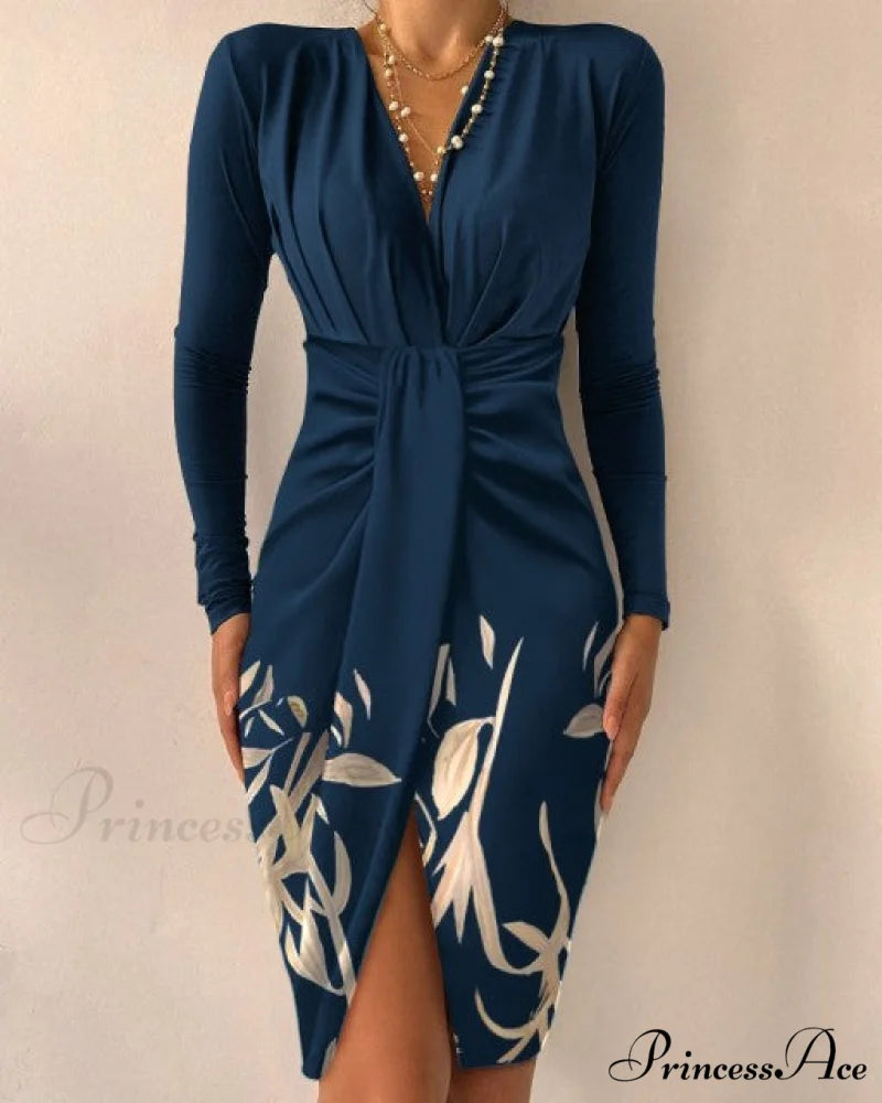 Sexy Puff Lantern Sleeve Plunge Floral Print Dress