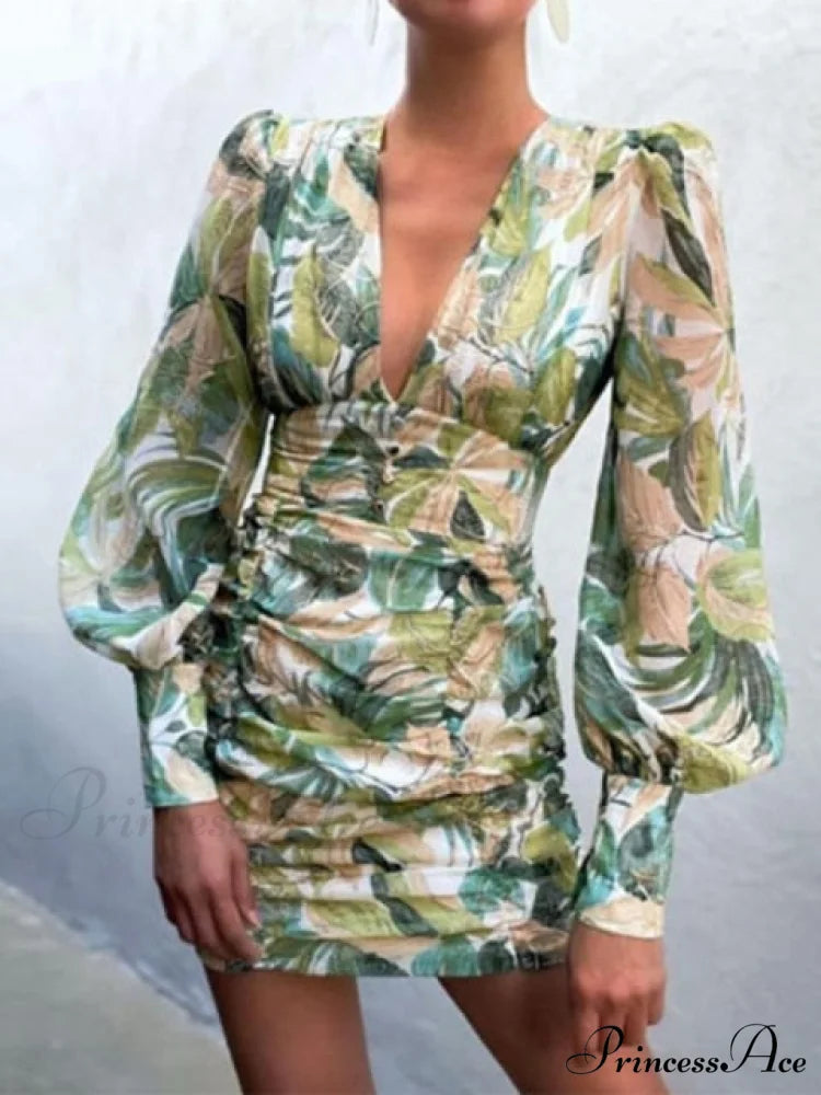 Sexy Puff Lantern Sleeve Plunge Floral Print Dress