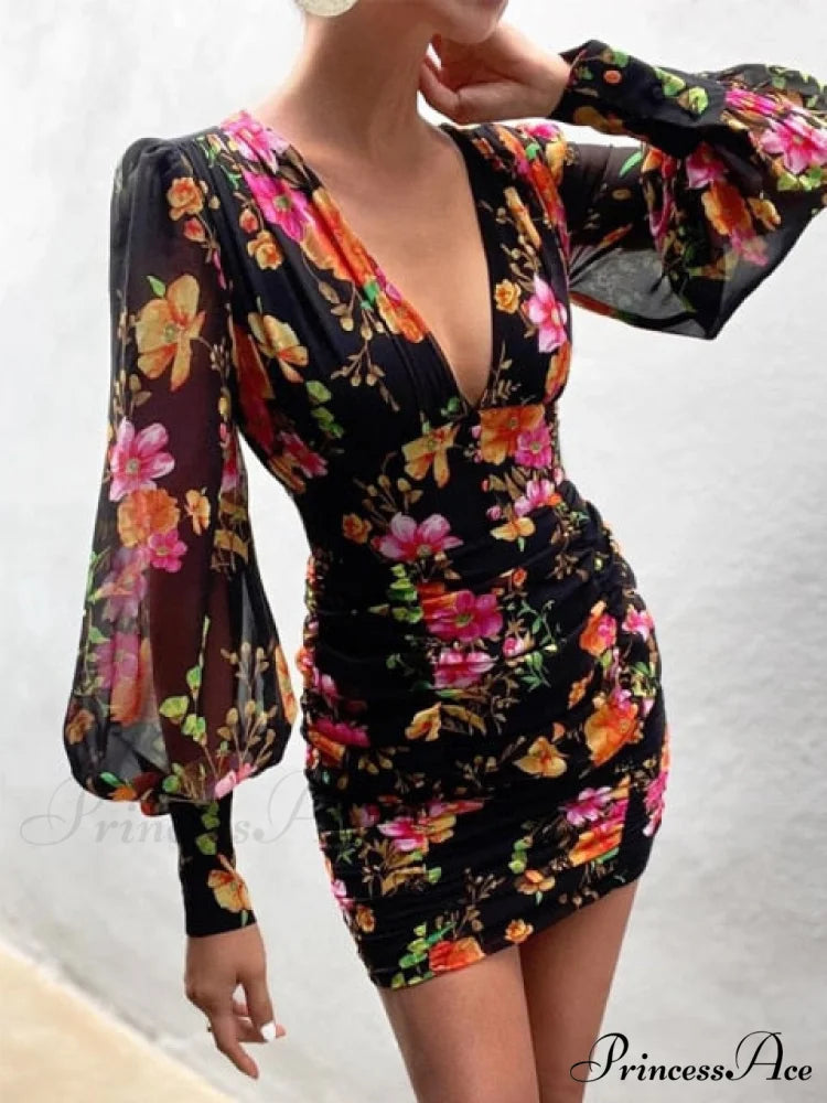 Sexy Puff Lantern Sleeve Plunge Floral Print Dress