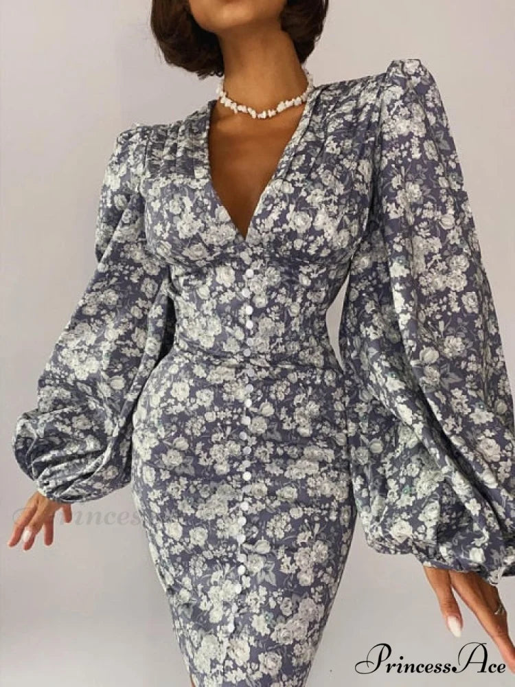 Sexy Puff Lantern Sleeve Plunge Floral Print Dress