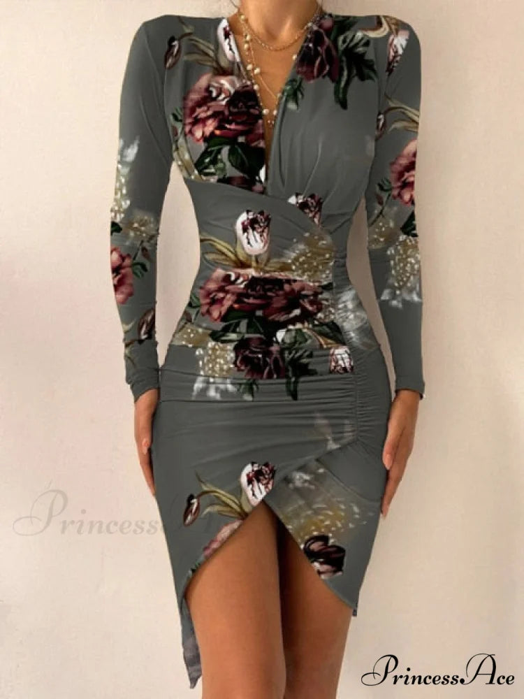 Sexy Puff Lantern Sleeve Plunge Floral Print Dress