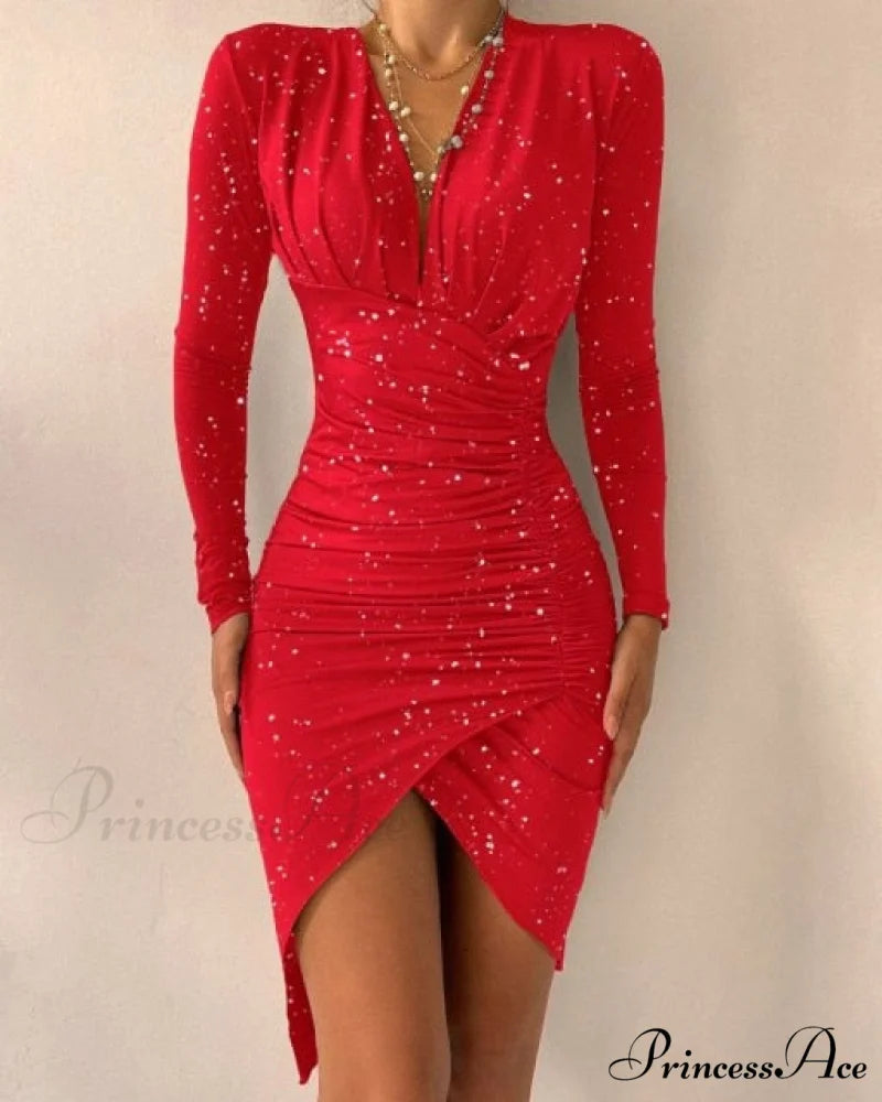 Sexy Puff Lantern Sleeve Plunge Floral Print Dress