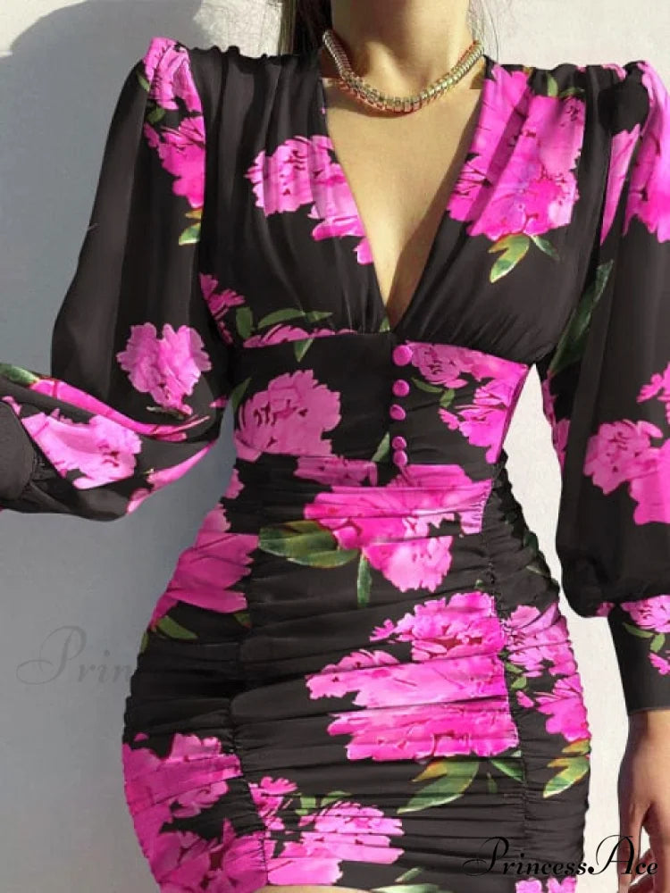 Sexy Puff Lantern Sleeve Plunge Floral Print Dress Black purple / S