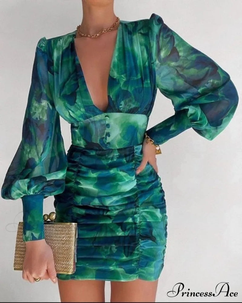 Sexy Puff Lantern Sleeve Plunge Floral Print Dress Dark Green / S