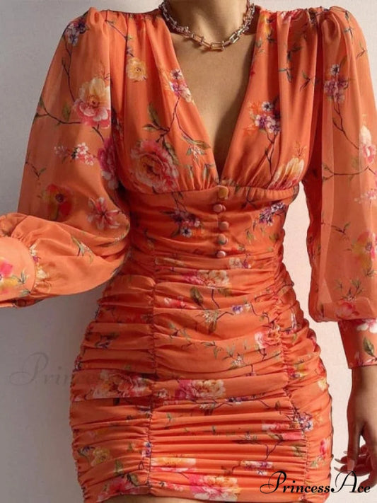 Sexy Puff Lantern Sleeve Plunge Floral Print Dress Orange / S