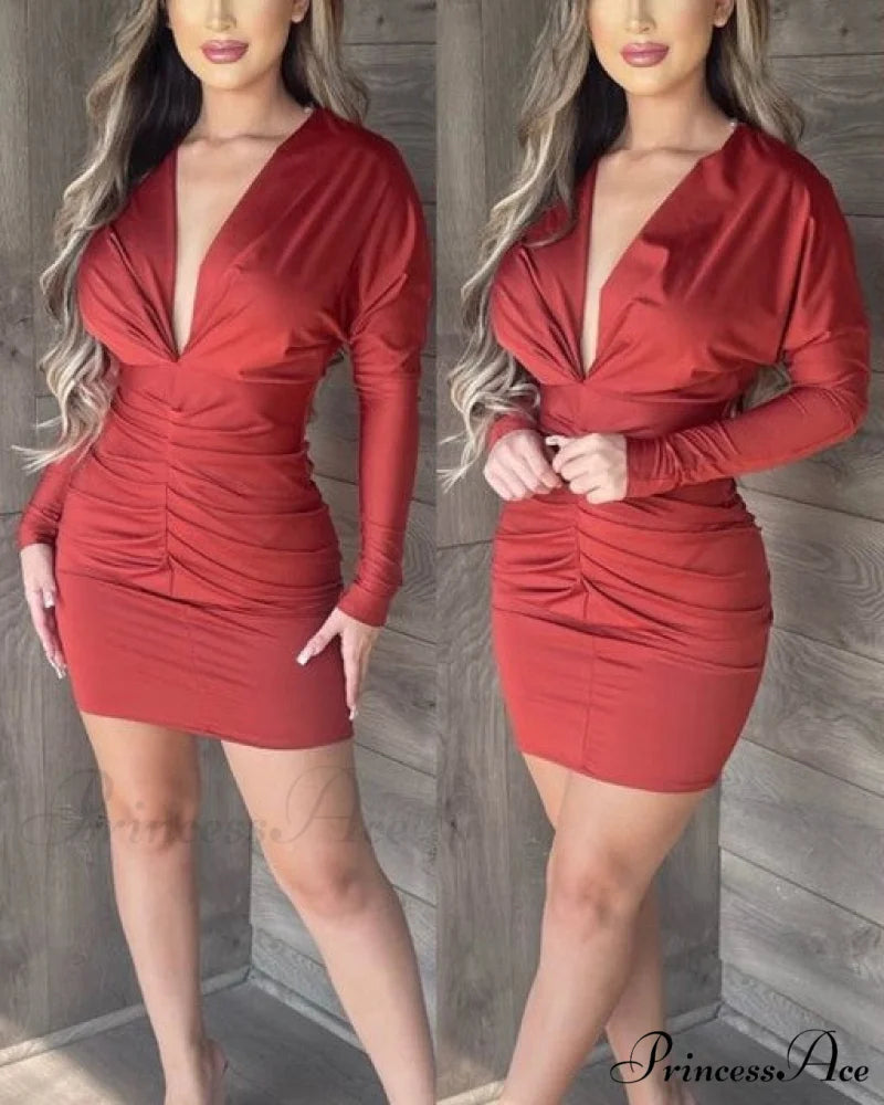 Sexy Puff Lantern Sleeve Plunge Floral Print Dress Red / S