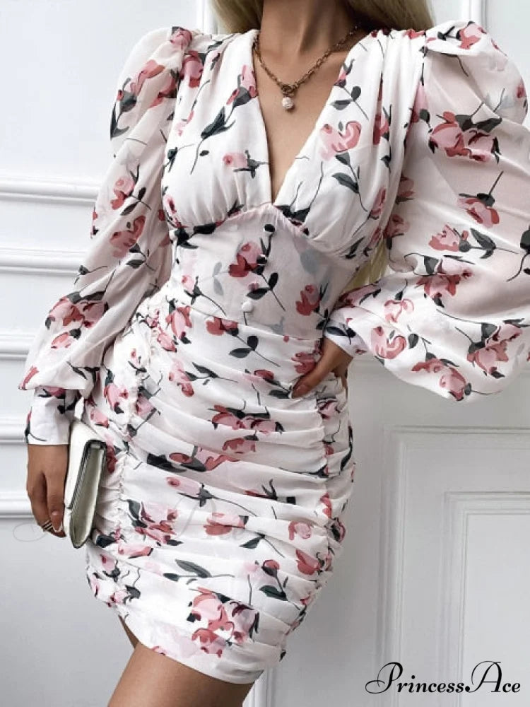 Sexy Puff Lantern Sleeve Plunge Floral Print Dress White / S