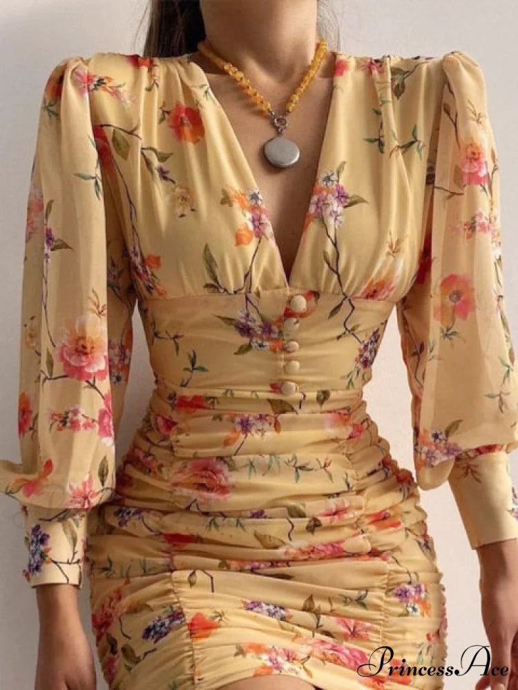 Sexy Puff Lantern Sleeve Plunge Floral Print Dress Yellow / S