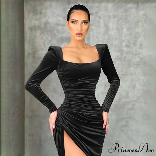 Sexy Red Velvet Elegant Midi Christmas Party Dress Black / S