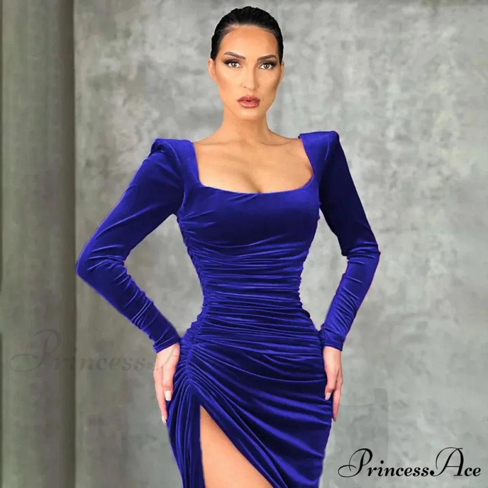 Sexy Red Velvet Elegant Midi Christmas Party Dress Blue / S