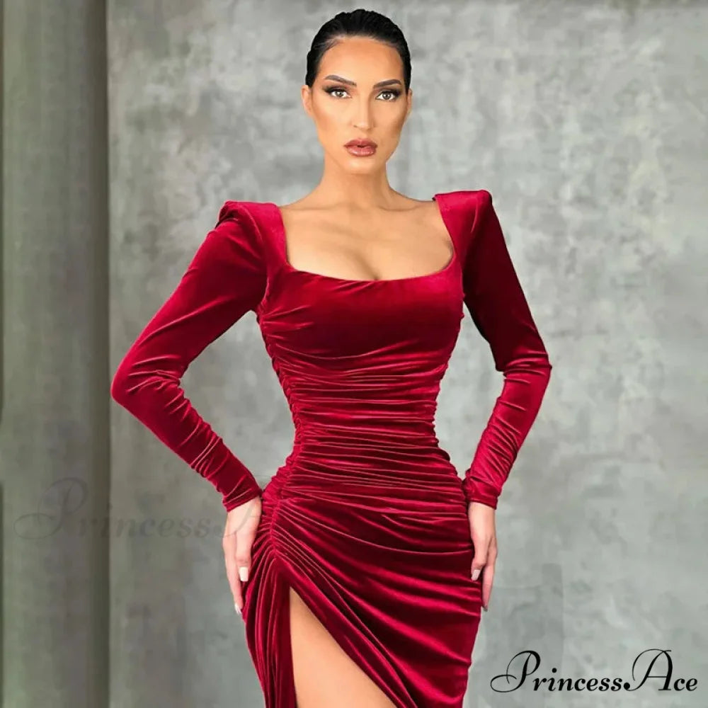 Sexy Red Velvet Elegant Midi Christmas Party Dress Burgundy / S
