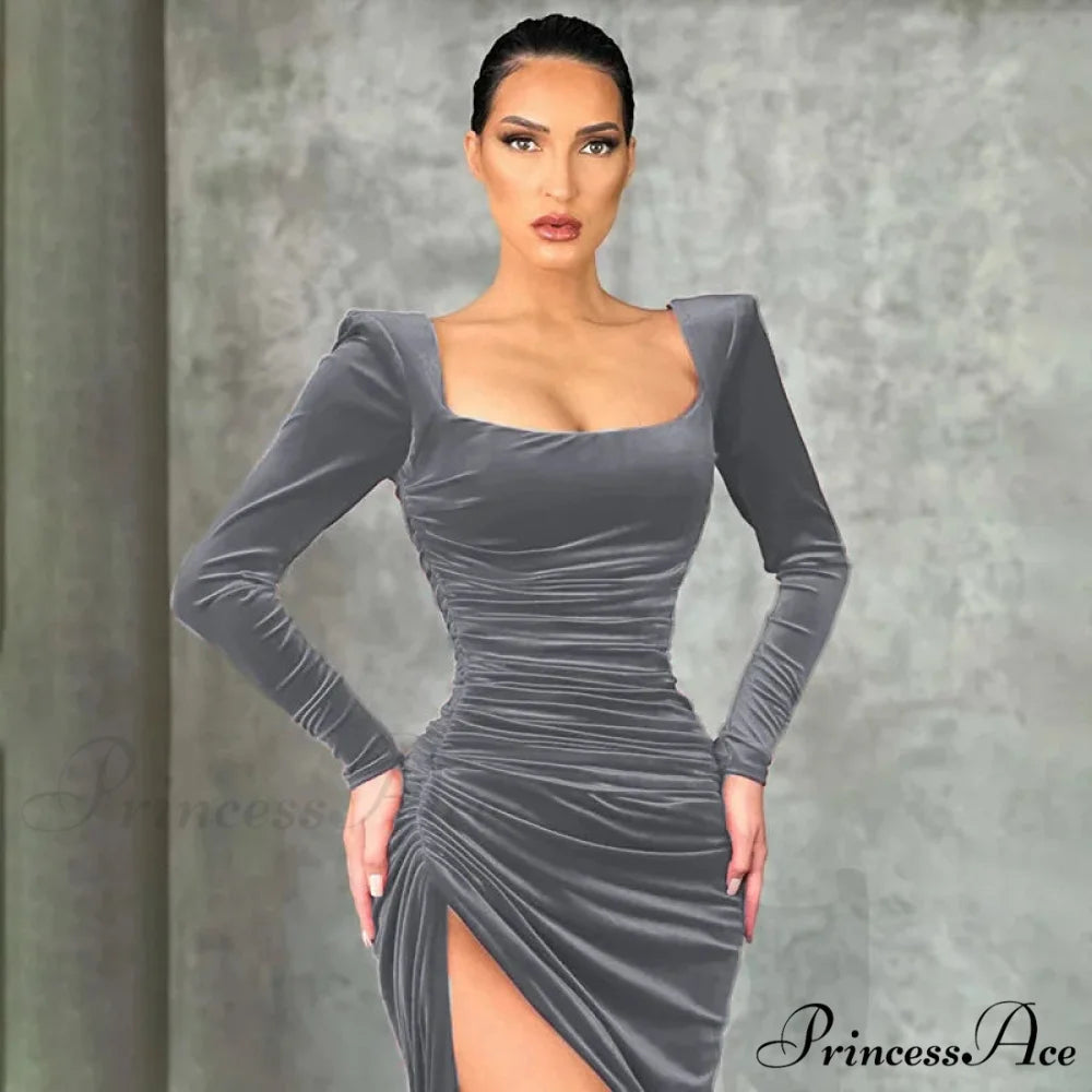 Sexy Red Velvet Elegant Midi Christmas Party Dress Dark Grey / S