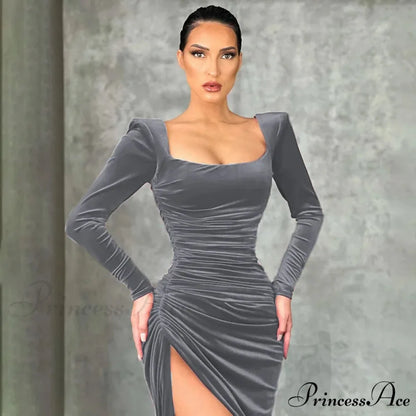 Sexy Red Velvet Elegant Midi Christmas Party Dress Dark Grey / S