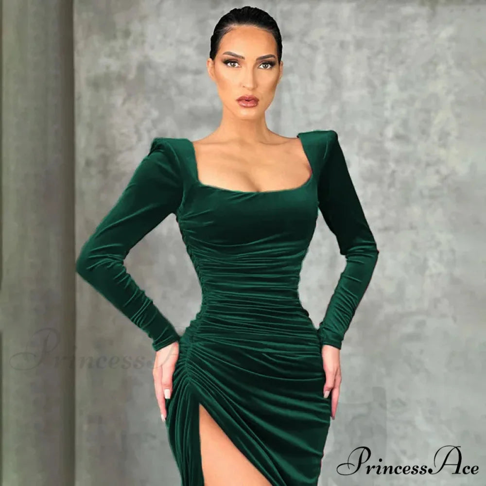 Sexy Red Velvet Elegant Midi Christmas Party Dress Green / S