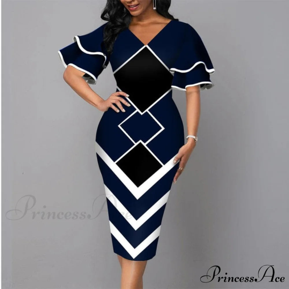 Sexy Ruffle Sleeves Slim Fit Bodycon Dress navy / S