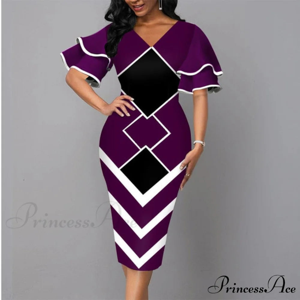 Sexy Ruffle Sleeves Slim Fit Bodycon Dress purple / S