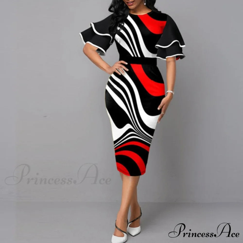 Sexy Ruffle Sleeves Slim Fit Bodycon Dress Red / S