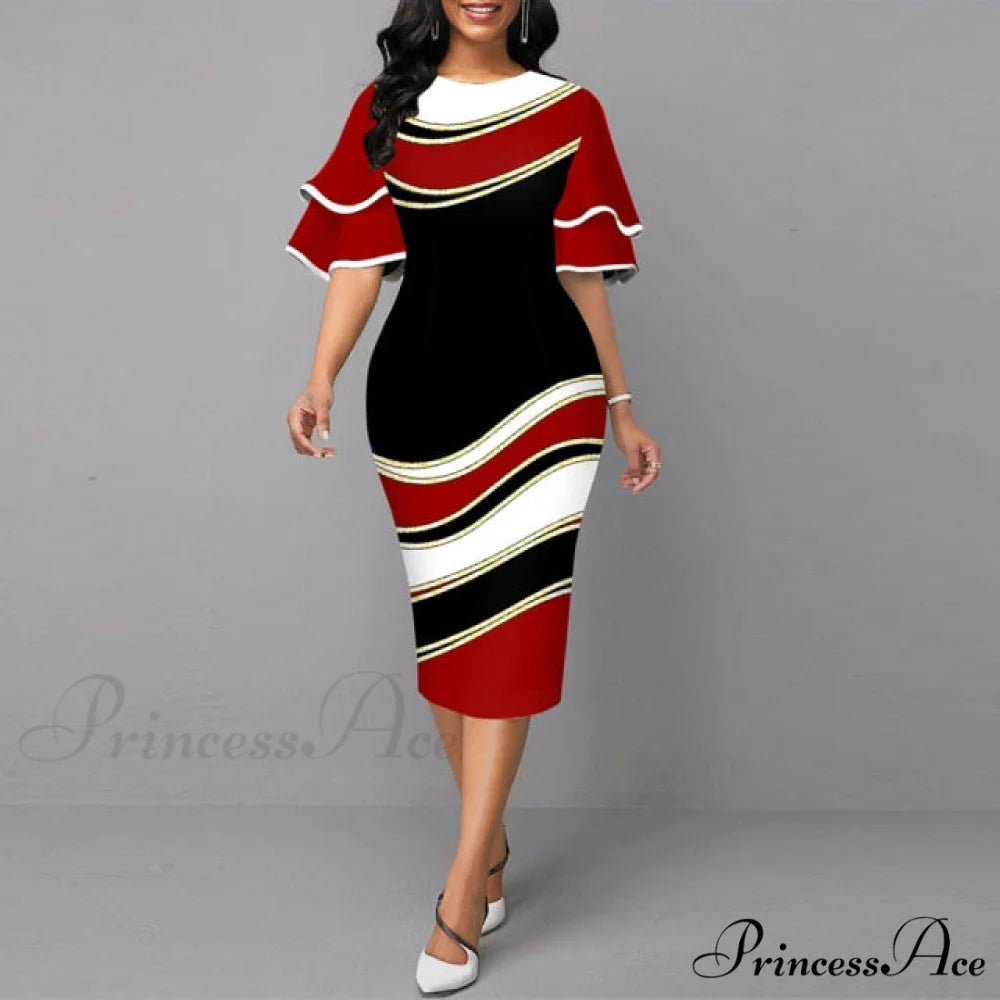 Sexy Ruffle Sleeves Slim Fit Bodycon Dress red white / S