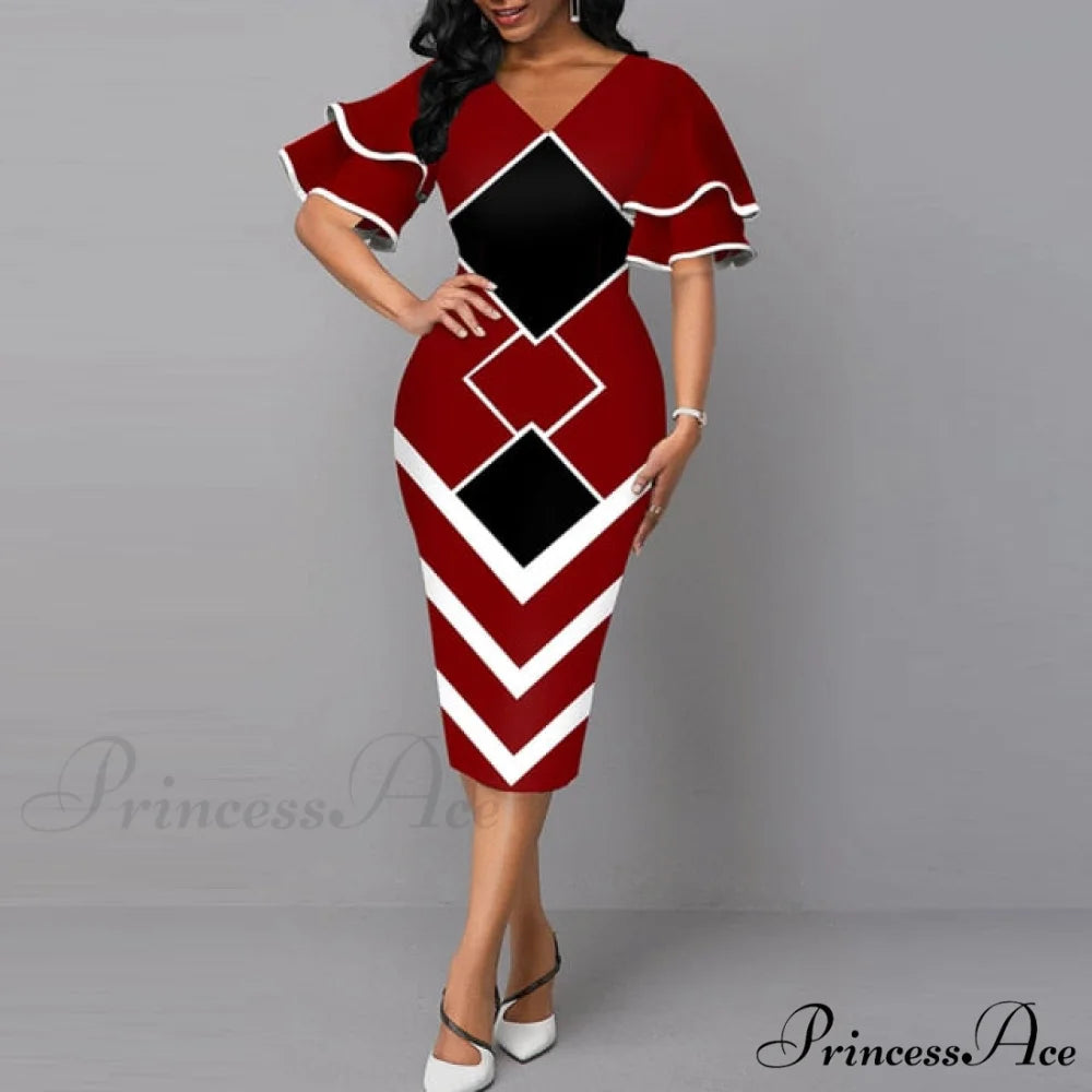 Sexy Ruffle Sleeves Slim Fit Bodycon Dress wine / S