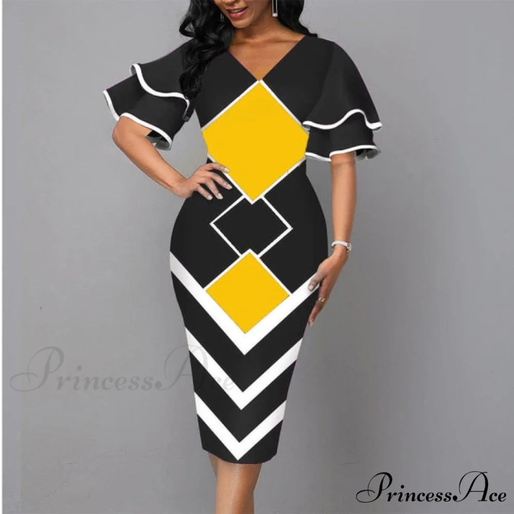 Sexy Ruffle Sleeves Slim Fit Bodycon Dress yellow / S