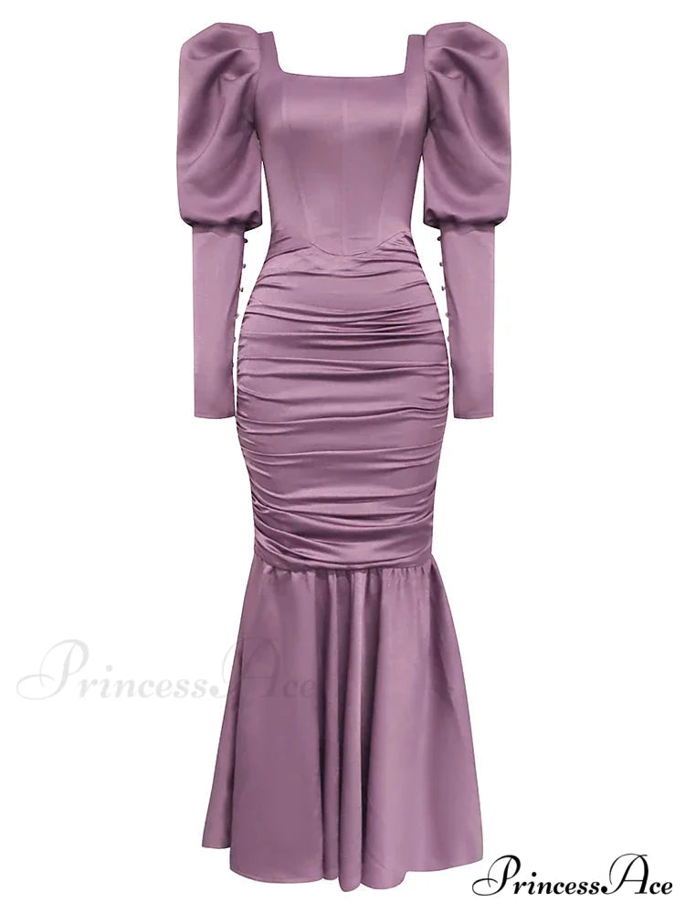 Sexy Ruffle Sleeves Square Collar Folds Purple Long Elegant Christmas Party Dress