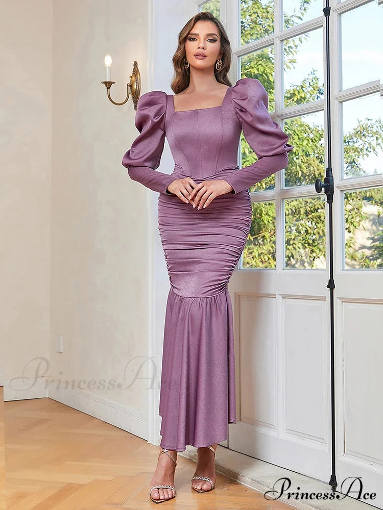 Sexy Ruffle Sleeves Square Collar Folds Purple Long Elegant Christmas Party Dress