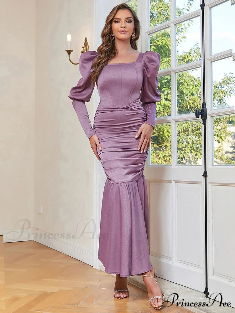 Sexy Ruffle Sleeves Square Collar Folds Purple Long Elegant Christmas Party Dress