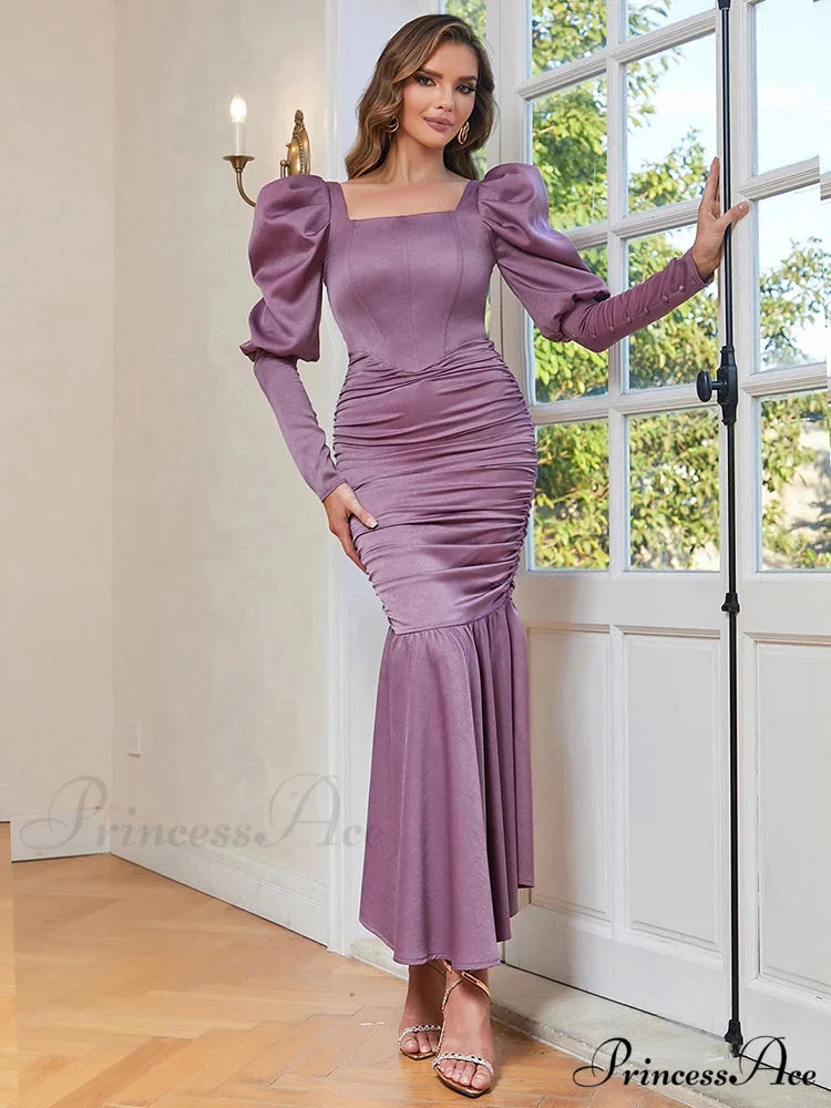 Sexy Ruffle Sleeves Square Collar Folds Purple Long Elegant Christmas Party Dress