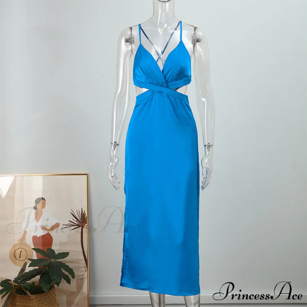 Sexy Satin Tube Top Midi Skirts 02 blue / XS