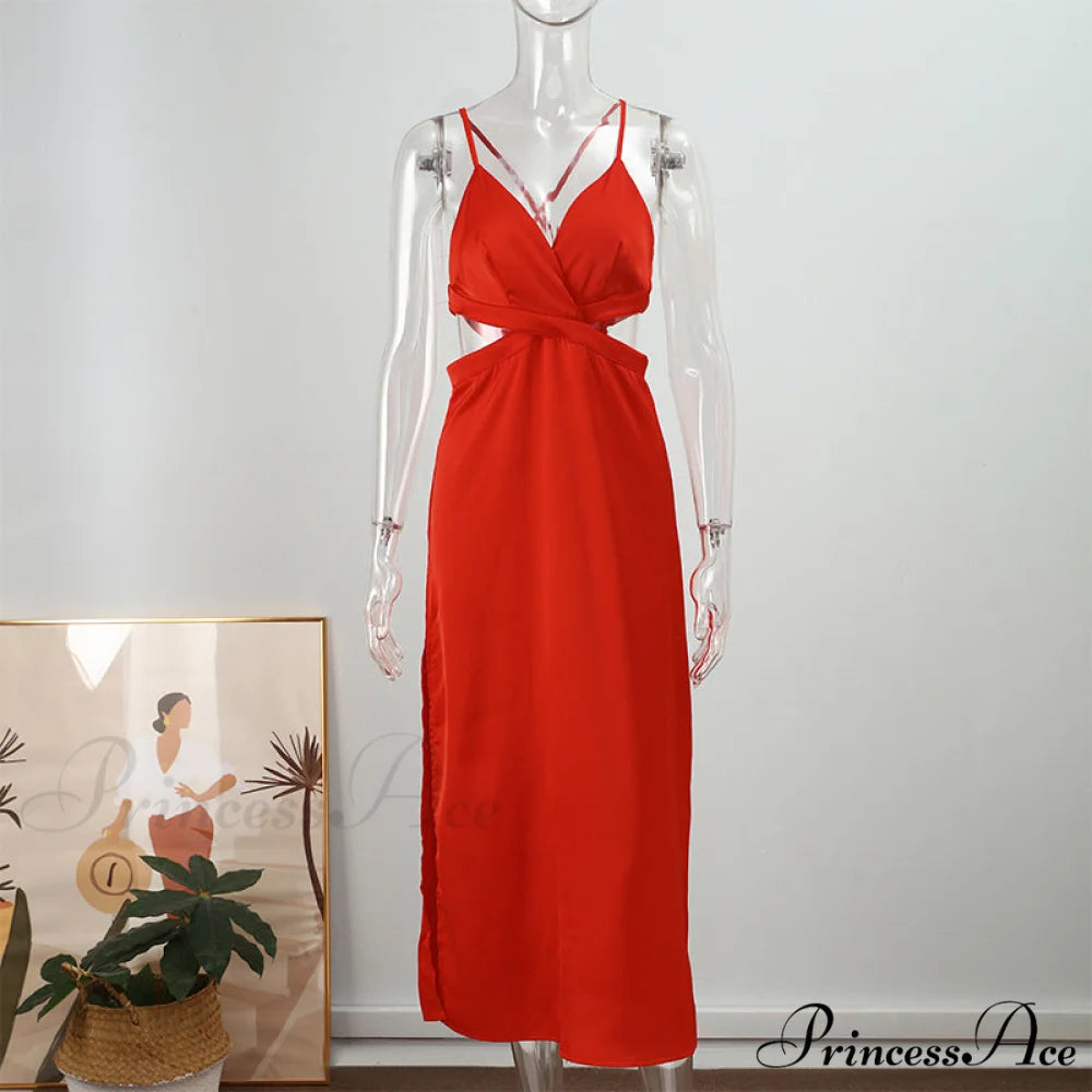 Sexy Satin Tube Top Midi Skirts 02 red / XS