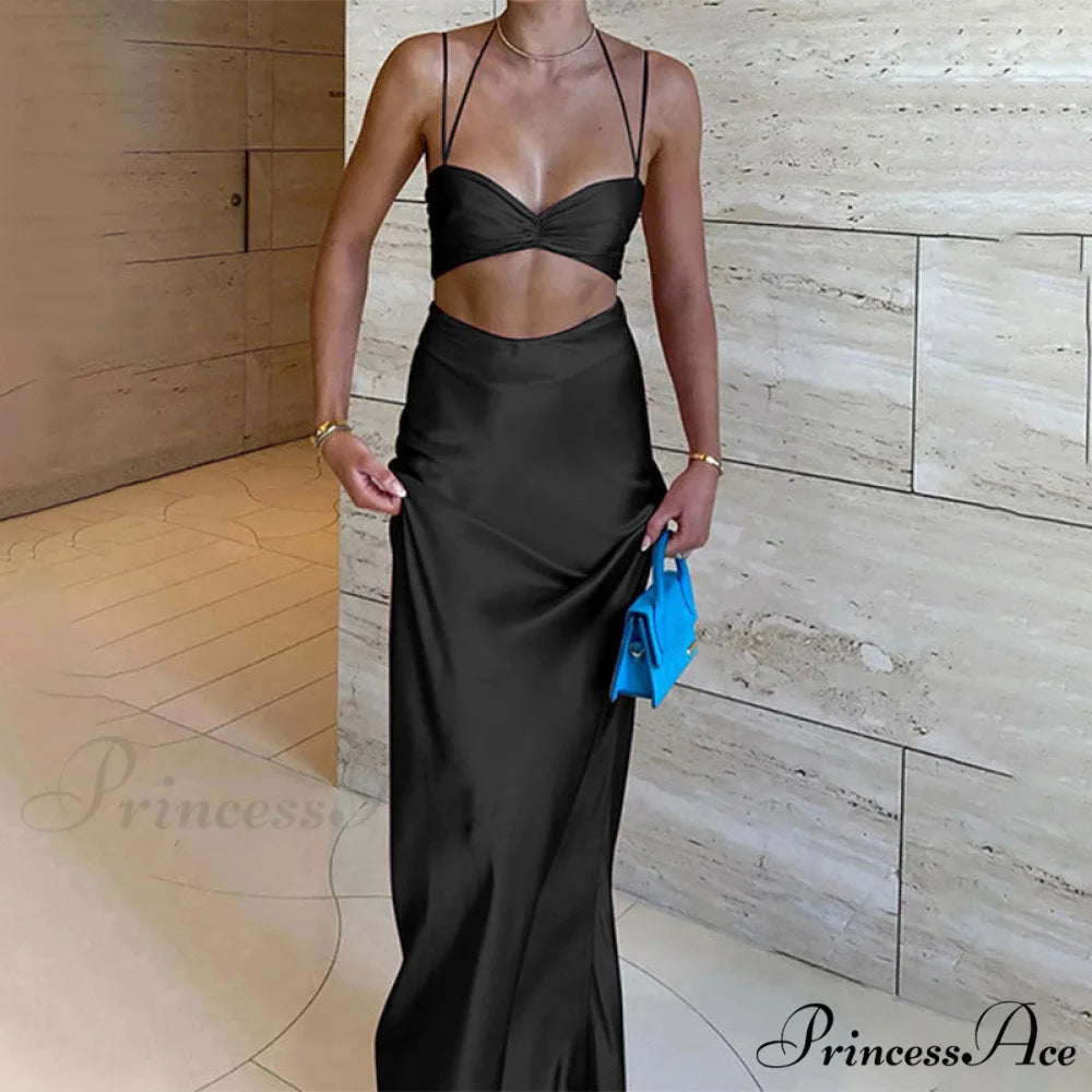 Sexy Satin Tube Top Midi Skirts black / XS