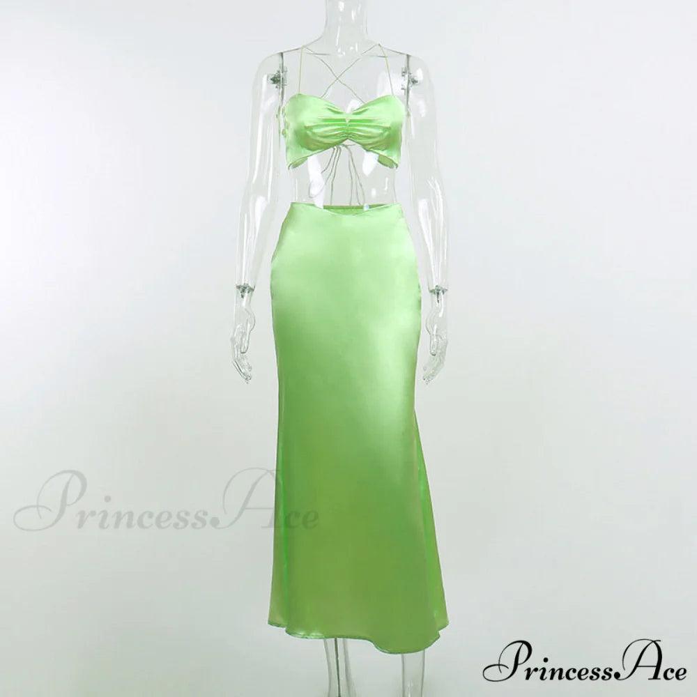 Sexy Satin Tube Top Midi Skirts green / XS