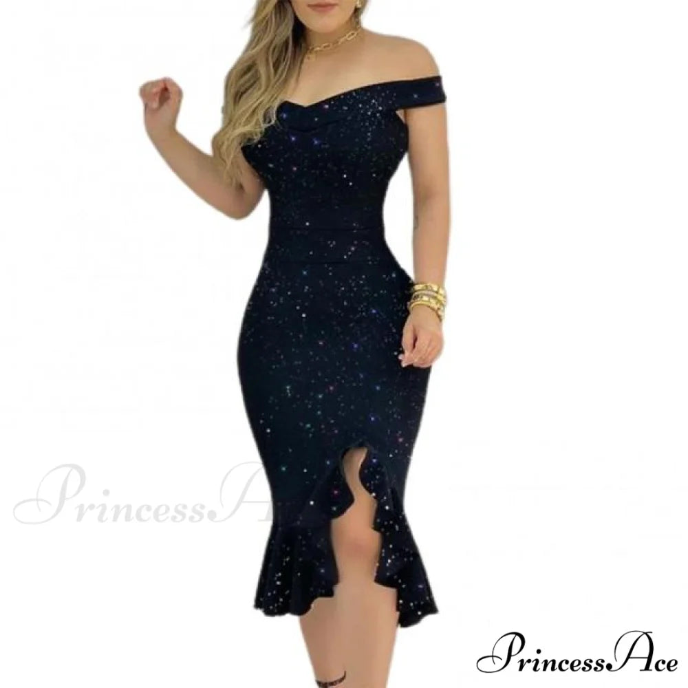 Sexy Shiny Glitter Off Shoulder Ruffles Slit Midi Dress Black / S