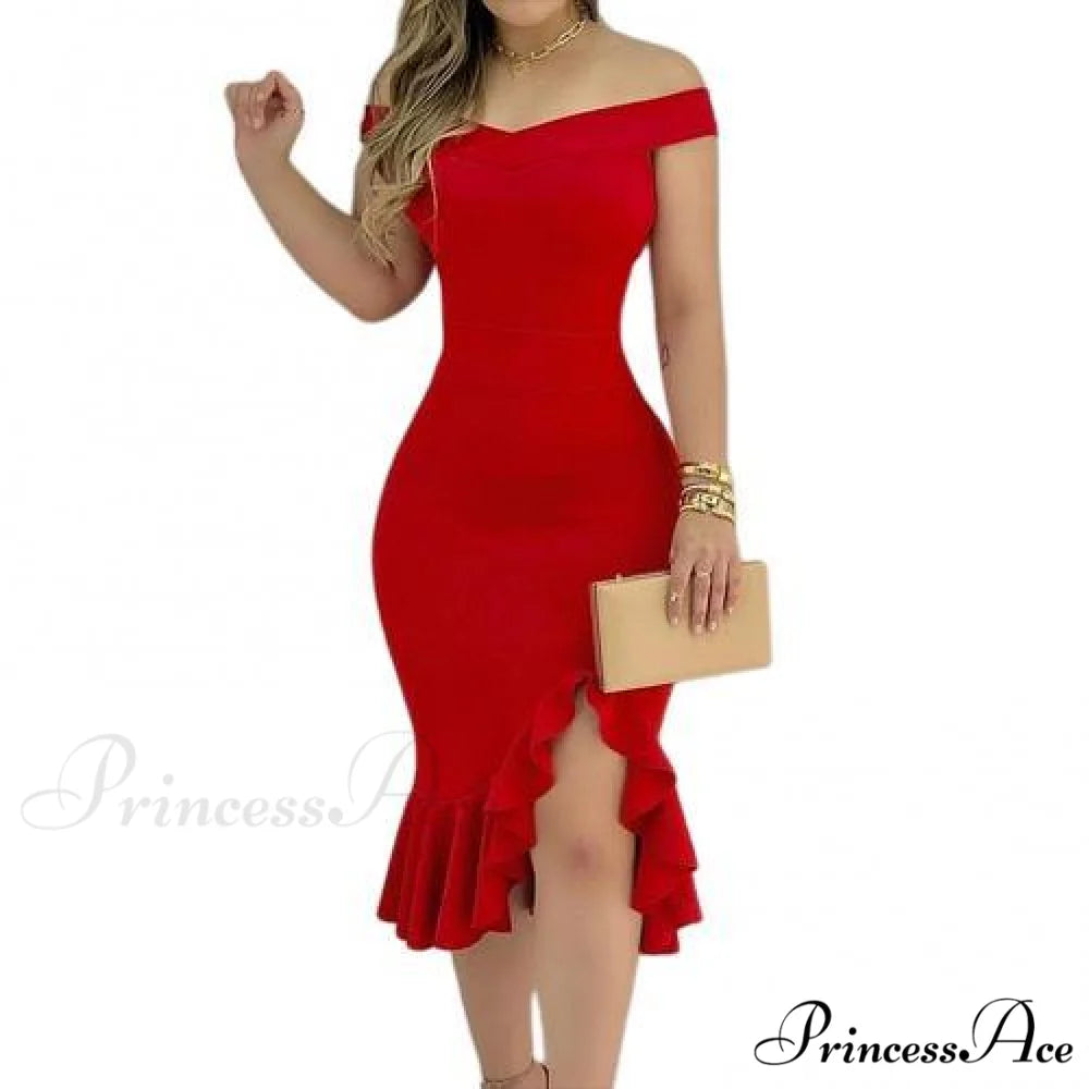 Sexy Shiny Glitter Off Shoulder Ruffles Slit Midi Dress Red 1 / S