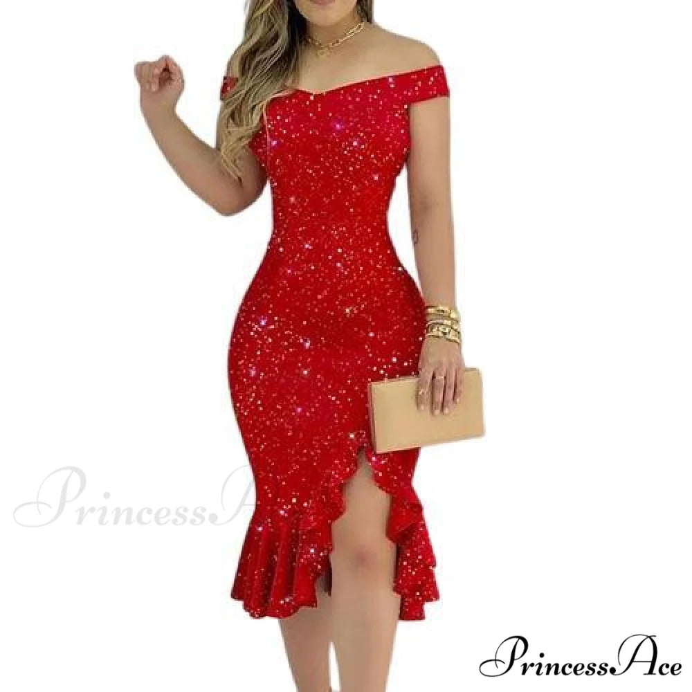 Sexy Shiny Glitter Off Shoulder Ruffles Slit Midi Dress Red 2 / S