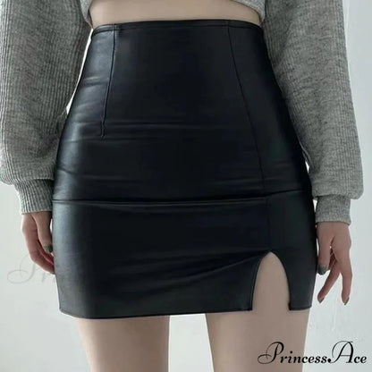 Sexy Skinny High Waist Side Split Korean Chic Black Comfortable Mini Skirt Black / S