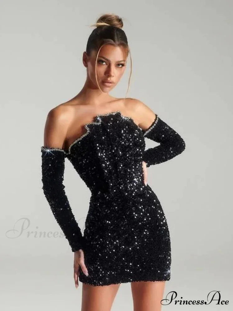 Sexy Slash Neck Long Sleeve Sparkling Sequins Dress Off Shoulder Christmas Party Dress