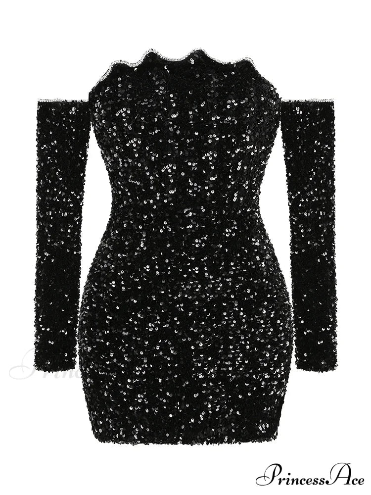 Sexy Slash Neck Long Sleeve Sparkling Sequins Dress Off Shoulder Christmas Party Dress Black / S