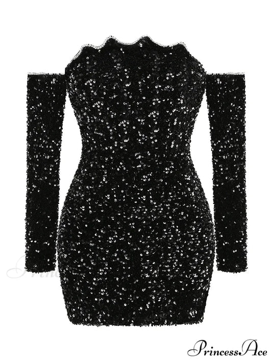 Sexy Slash Neck Long Sleeve Sparkling Sequins Dress Off Shoulder Christmas Party Dress Black / S