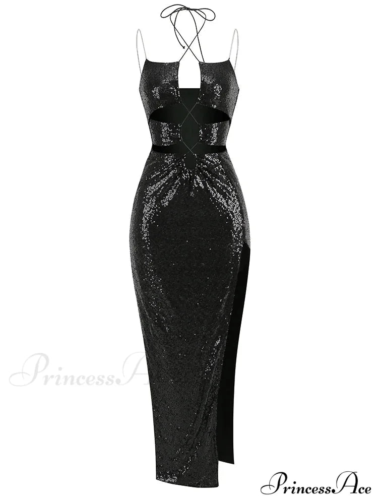 Sexy Sleeveless Cut Out Black Sequins Elegant Backless High Slit Christmas Party Dress Black / S