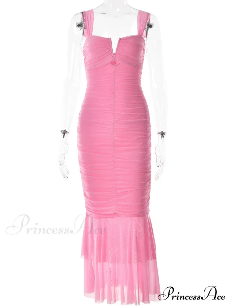 Sexy Sleeveless Strap Evening for Women Low Cut Ruched Bodycon Elegant Mermaid Party Vestidos Pink / S