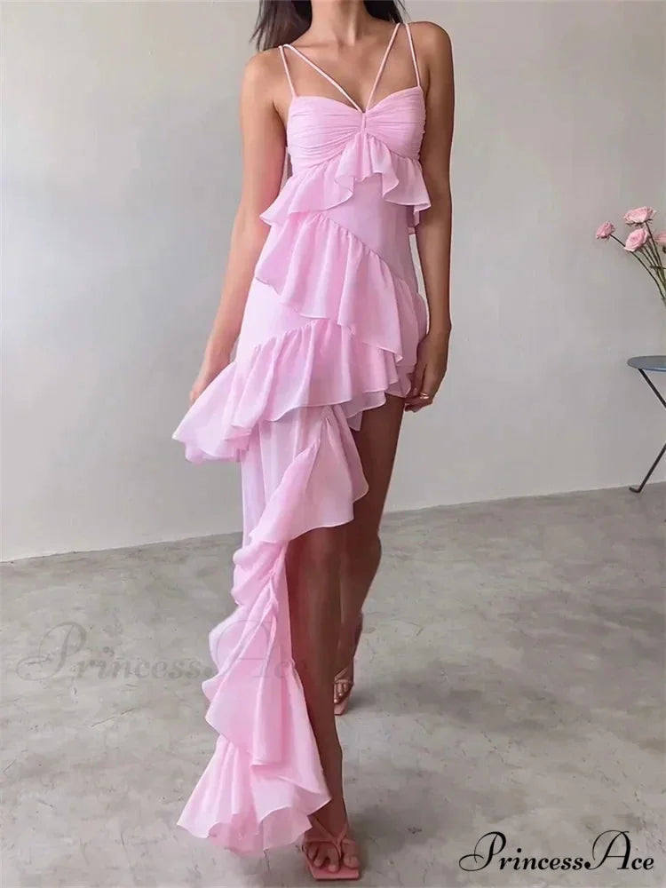 Sexy Sleeveless Strap Sling for Women V-neck Ruffles Hem Y2K Off Shoulder High Split Party Vestidos Pink / S