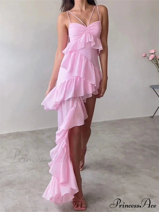 Sexy Sleeveless Strap Sling for Women V-neck Ruffles Hem Y2K Off Shoulder High Split Party Vestidos Pink / S
