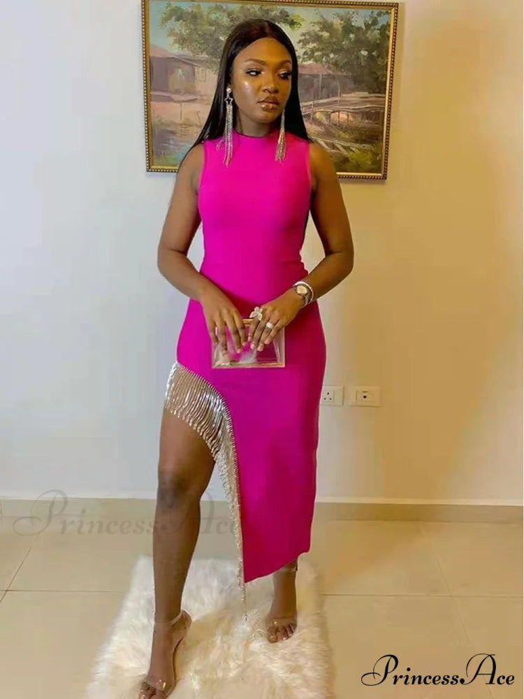 Sexy Sleeveless Tassel Diamonds Bodycon Bandage Dress