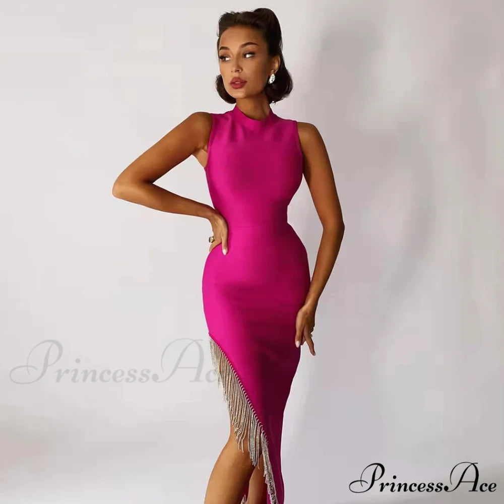 Sexy Sleeveless Tassel Diamonds Bodycon Bandage Dress
